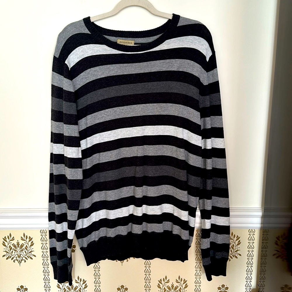Sonoma Black Gray Striped Cotton Sweater XL Knit Crewneck Pullover Lightweight